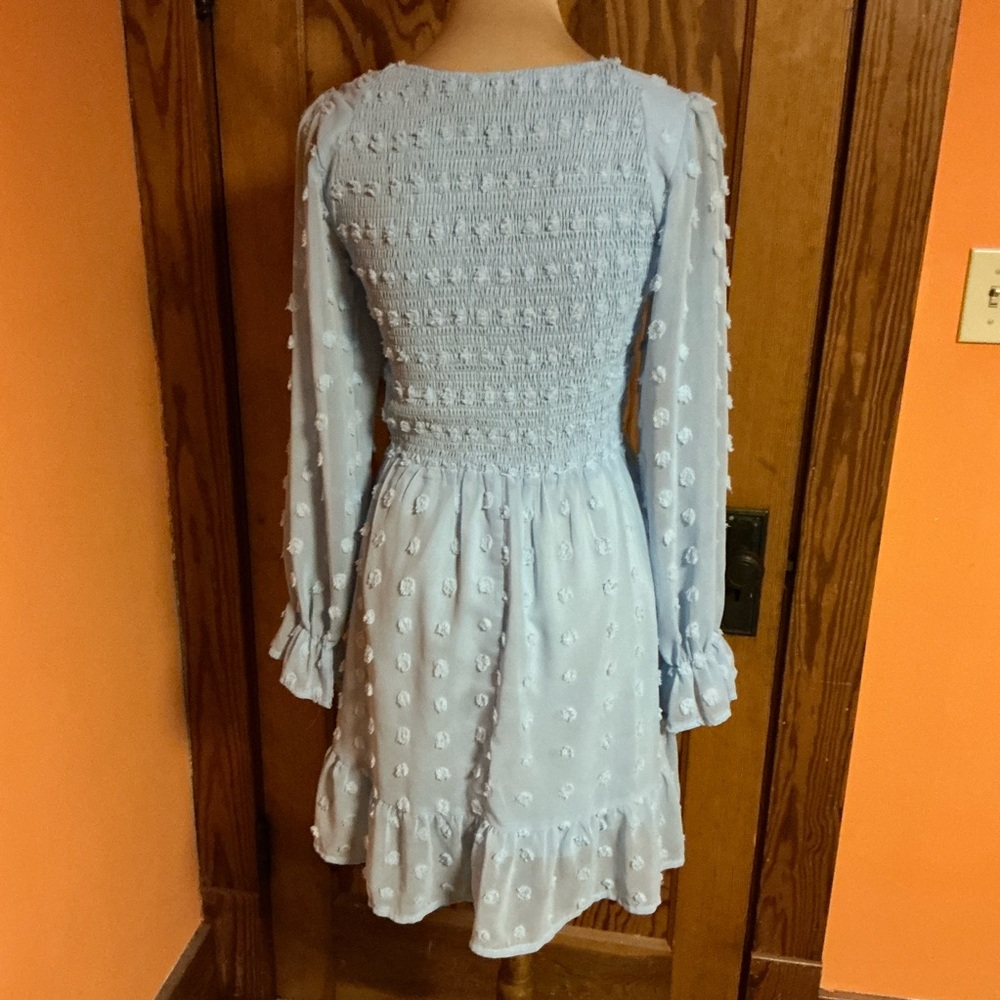 BTFBM Light Blue Swiss Dot Smocked Dress Boho Romantic Long Sleeve Ruffle Hem - Picture 10 of 10